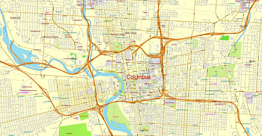 Columbus Map Ohio exact vector CityPlan map V.23.11. Printable Map