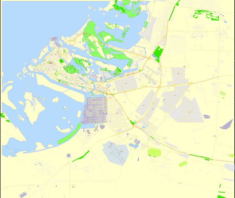 Printable Map Abu Dhabi, United Arab Emirates, exact vector street map, V17.11, fully editable, Adobe Illustrator, G-View Level 17 (100 meters scale), full vector, scalable, editable, text format of street names, 6 Mb ZIP.
