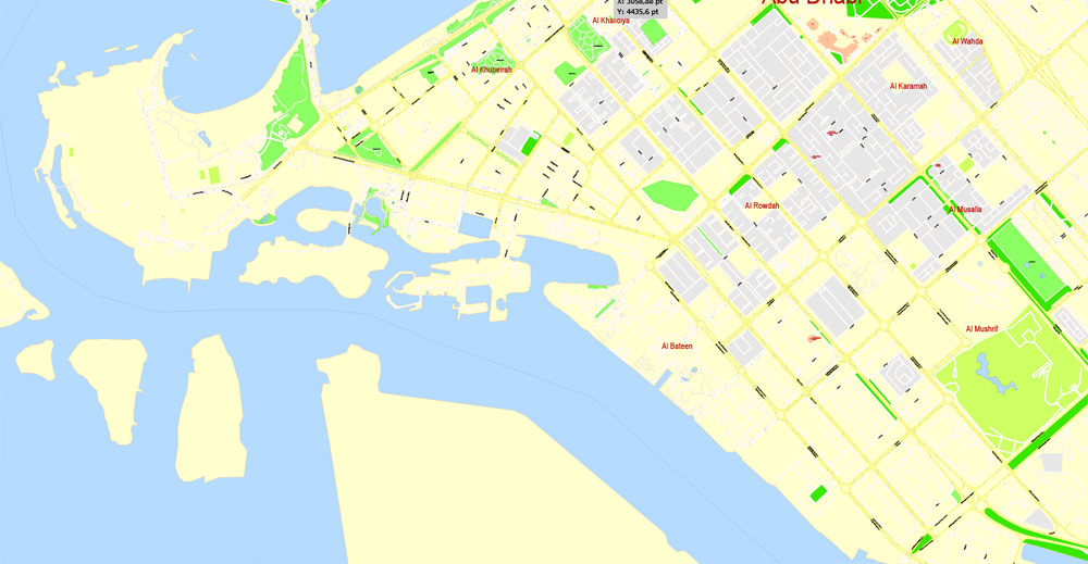 Printable Map Abu Dhabi, United Arab Emirates, exact vector street map, V17.11, fully editable, Adobe Illustrator, G-View Level 17 (100 meters scale), full vector, scalable, editable, text format of street names, 6 Mb ZIP.
