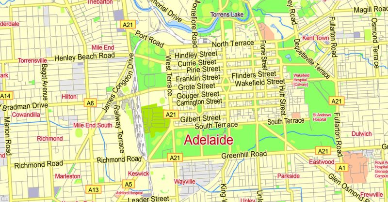 Printable Map Adelaide, Australia, exact vector street map, V27.11, fully editable, Adobe Illustrator, G-View Level 13 (2000 meters scale), full vector, scalable, editable, text format of street names, 4 Mb ZIP.