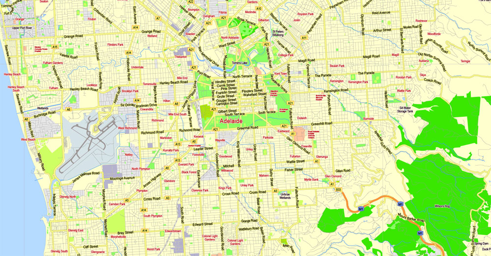 Adelaide Printable Map, Australia, exact vector street map, V27.11, fully editable, Adobe Illustrator, G-View Level 13 (2000 meters scale), full vector