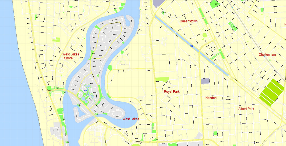 Adelaide, Australia, Printable vector street map, V3.11, fully editable, Adobe Illustrator, Level 17, G-View, full vector, scalable, editable, text format of street names, 13 Mb ZIP.