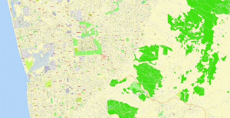 Adelaide, Australia, Printable vector street map, V3.11, fully editable, Adobe Illustrator, Level 17, G-View, full vector, scalable, editable, text format of street names, 13 Mb ZIP.