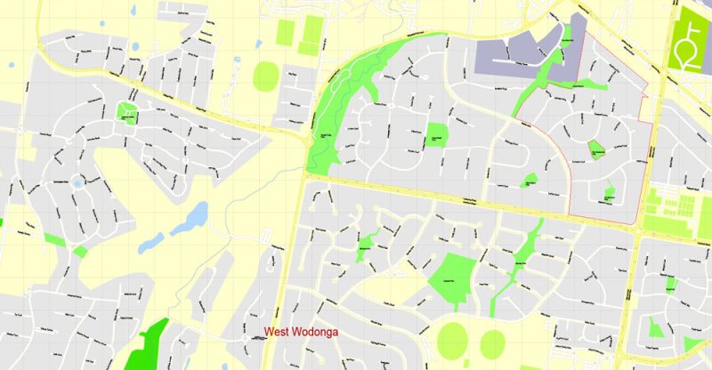 Printable Map Albury + Wodonga, Australia, exact vector street map, V11.11, fully editable, Adobe Illustrator, G-View Level 17 (100 meters scale), full vector, scalable, editable, text format of street names, 2 Mb ZIP.