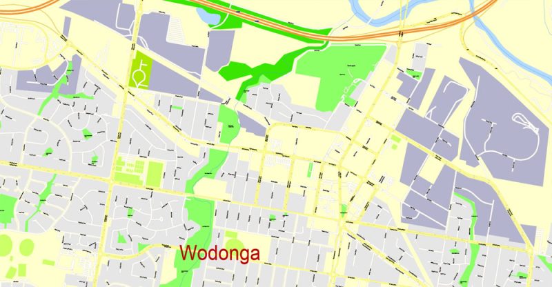 Printable Map Albury + Wodonga, Australia, exact vector street map, V11.11, fully editable, Adobe Illustrator, G-View Level 17 (100 meters scale), full vector, scalable, editable, text format of street names, 2 Mb ZIP.