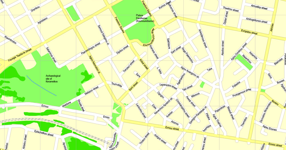 Printable Map Athens + Pireas, Greece, exact vector street G-View Level 17 (100 meters scale) map, V.27.11. ENGLISH, fully editable, Adobe Illustrator, full vector, scalable, editable text format of street names, 11 Mb ZIP.