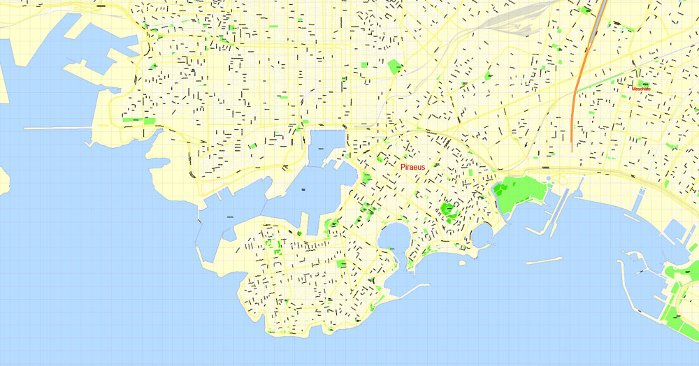 Printable Map Athens + Pireas, Greece, exact vector street G-View Level 17 (100 meters scale) map, V.27.11. ENGLISH, fully editable, Adobe Illustrator, full vector, scalable, editable text format of street names, 11 Mb ZIP.