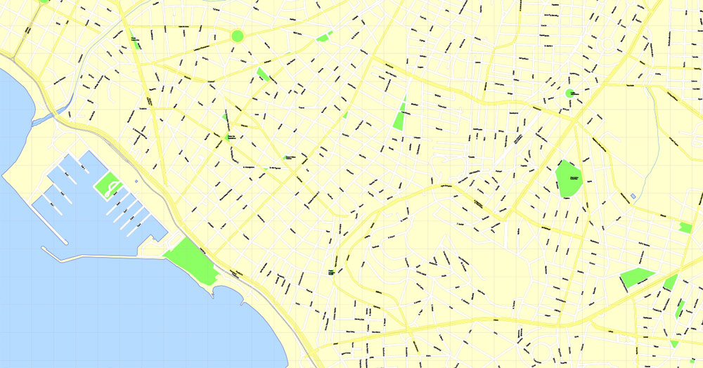 Printable Map Athens + Pireas, Greece, exact vector street G-View Level 17 (100 meters scale) map, V.27.11. ENGLISH, fully editable, Adobe Illustrator, full vector, scalable, editable text format of street names, 11 Mb ZIP.