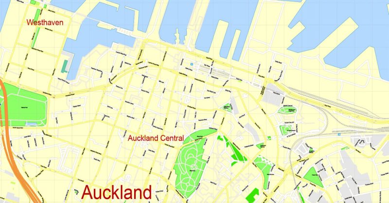 Auckland, New Zealand, Printable Map, exact vector street map, G-View fully editable, Adobe Illustrator, V3.11, Level 17 (100 meters), full vector, scalable, editable, text format street names, 10 Mb ZIP.