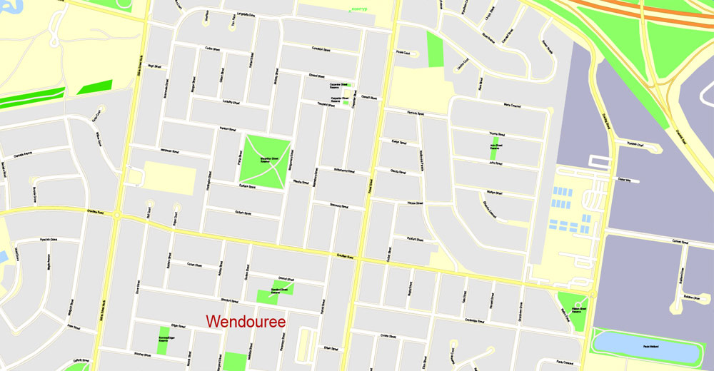 Printable Map Ballarat, Australia, exact vector street map, V11.11, fully editable, Adobe Illustrator, G-View Level 17 (100 meters scale), full vector, scalable, editable, text format of street names, 3 Mb ZIP.