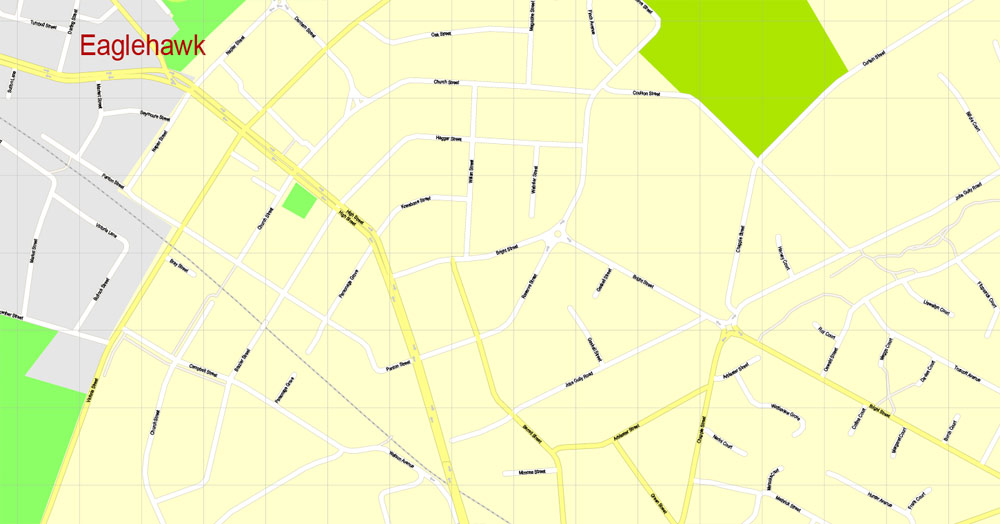 Printable Map Bendigo, Australia, exact vector street map, V11.11, fully editable, Adobe Illustrator, G-View Level 17 (100 meters scale), full vector, scalable, editable, text format of street names, 2 Mb ZIP