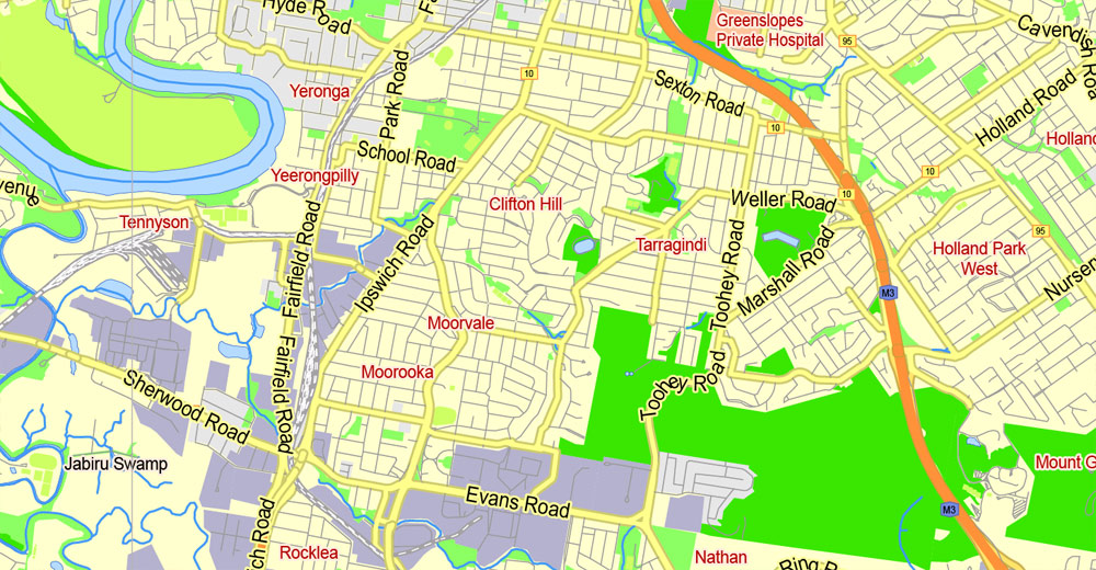 Printable Map Brisbane, Australia, exact vector street map, V27.11, fully editable, Adobe Illustrator, G-View Level 13 (2000 meters scale), full vector, scalable, editable, text format of street names, 6 Mb ZIP.