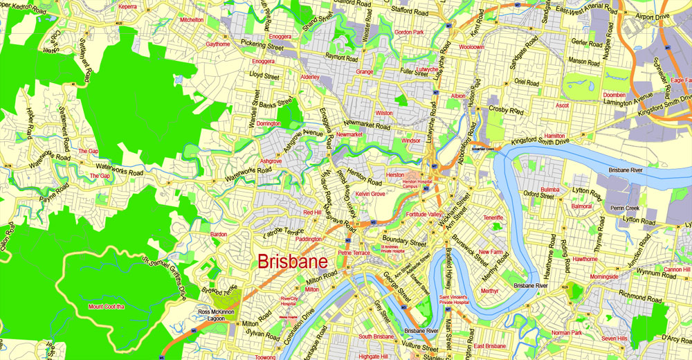 Brisbane PDF Map, Australia, exact vector street map, V27.11, fully editable, Adobe PDF, G-View Level 13 (2000 meters scale), full vector