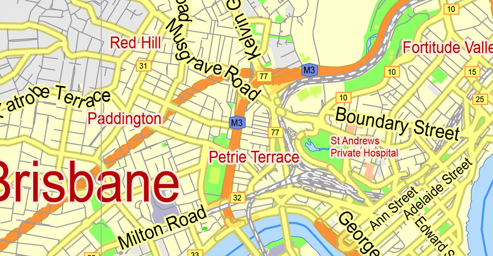 Printable Map Brisbane, Australia, exact vector street map, V27.11, fully editable, Adobe Illustrator, G-View Level 13 (2000 meters scale), full vector, scalable, editable, text format of street names, 6 Mb ZIP.