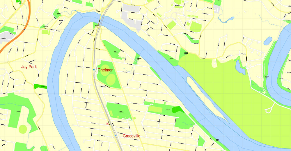 Printable Map Brisbane, Australia, exact vector street map, V11.11, fully editable, Adobe Illustrator, G-View Level 17 (100 meters scale), full vector, scalable, editable, text format of street names, 18 Mb ZIP.
