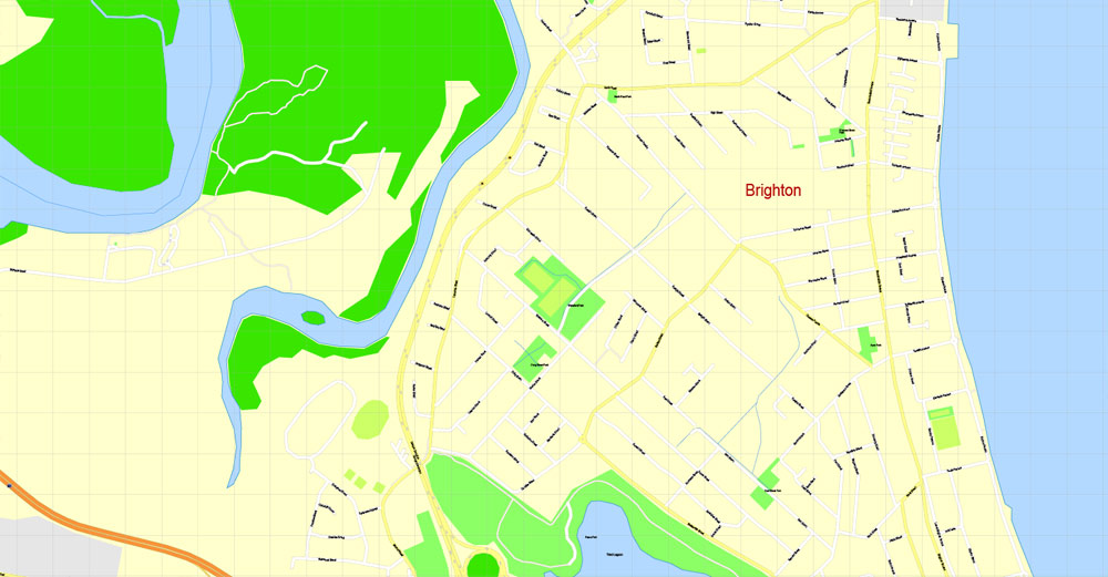 Printable Map Brisbane, Australia, exact vector street map, V11.11, fully editable, Adobe Illustrator, G-View Level 17 (100 meters scale), full vector, scalable, editable, text format of street names, 18 Mb ZIP.
