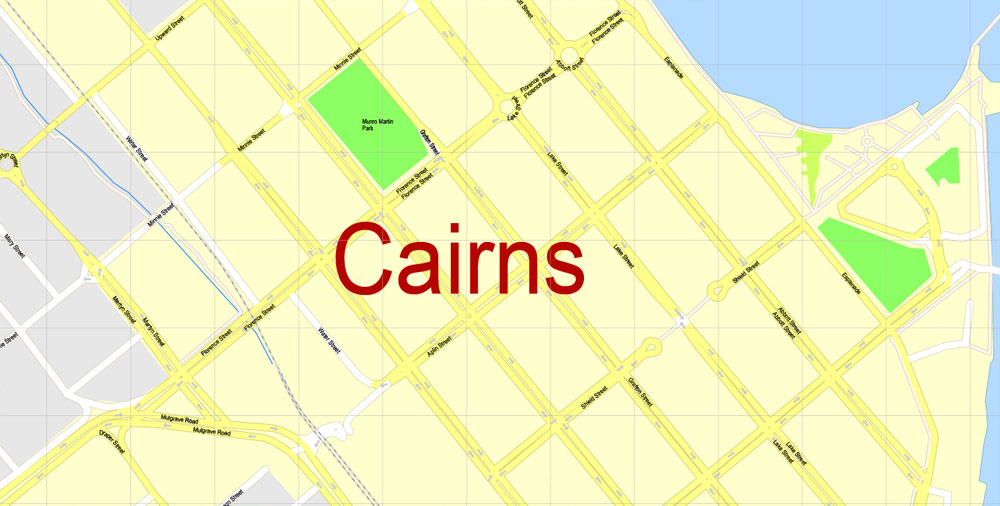 Printable Map Cairns, Australia, exact vector street map, V11.11, fully editable, Adobe Illustrator, G-View Level 17 (100 meters scale), full vector, scalable, editable, text format of street names, 2 Mb ZIP.