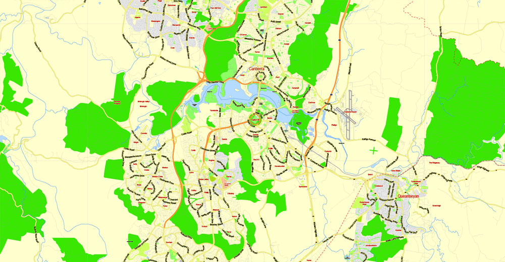 Printable Map Canberra, Australia, exact vector street map, V27.11, fully editable, Adobe Illustrator, G-View Level 13 (2000 meters scale), full vector, scalable, editable, text format of street names, 2 Mb ZIP.