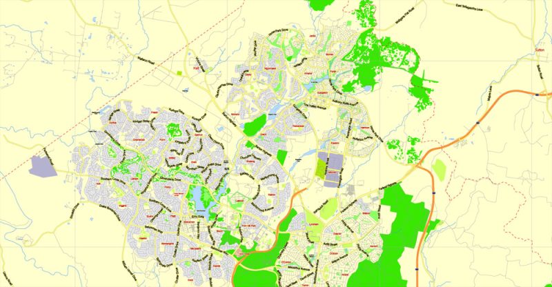 Canberra Printable Map, Australia, exact vector street map, V27.11, fully editable, Adobe Illustrator, G-View Level 13 (2000 meters scale), full vector