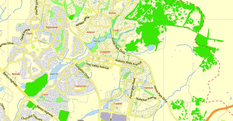 Printable Map Canberra, Australia, exact vector street map, V27.11, fully editable, Adobe Illustrator, G-View Level 13 (2000 meters scale), full vector, scalable, editable, text format of street names, 2 Mb ZIP.