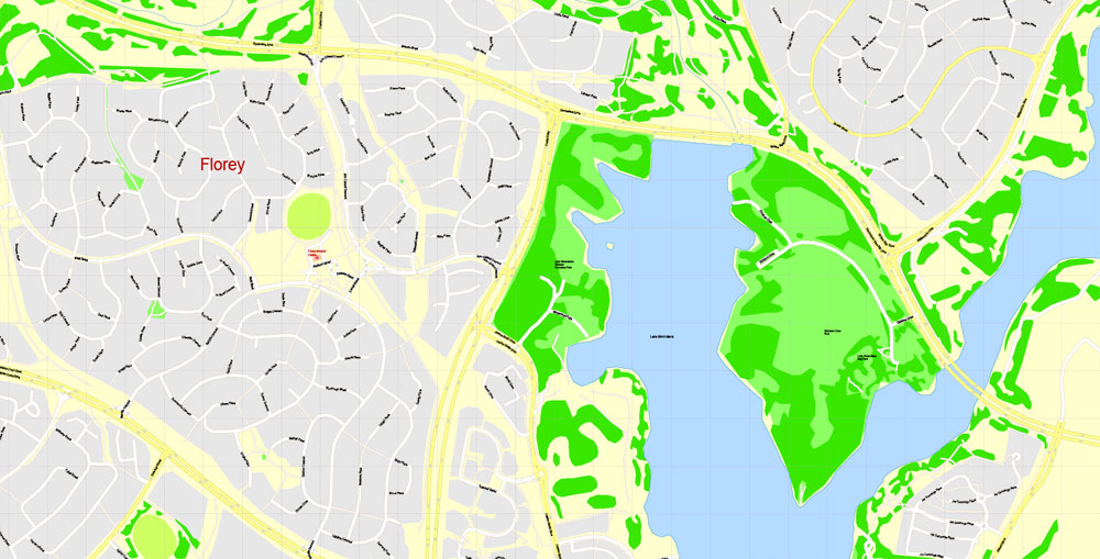Printable Map Canberra, Australia, exact vector street map, V11.11, fully editable, Adobe Illustrator, G-View Level 17 (100 meters scale), full vector, scalable, editable, text format of street names, 8 Mb ZIP.