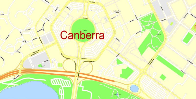 Printable Map Canberra, Australia, exact vector street map, V11.11, fully editable, Adobe Illustrator, G-View Level 17 (100 meters scale), full vector, scalable, editable, text format of street names, 8 Mb ZIP.