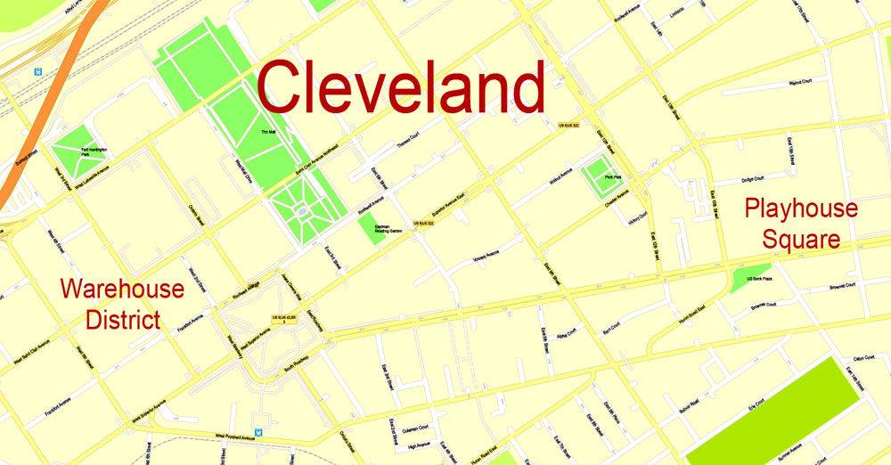 Printable Map Cleveland OH, exact vector street G-View Level 17 (100 meters scale) map, V.29.11. fully editable, Adobe Illustrator, full vector, scalable, editable text format of street names, 6 Mb ZIP.