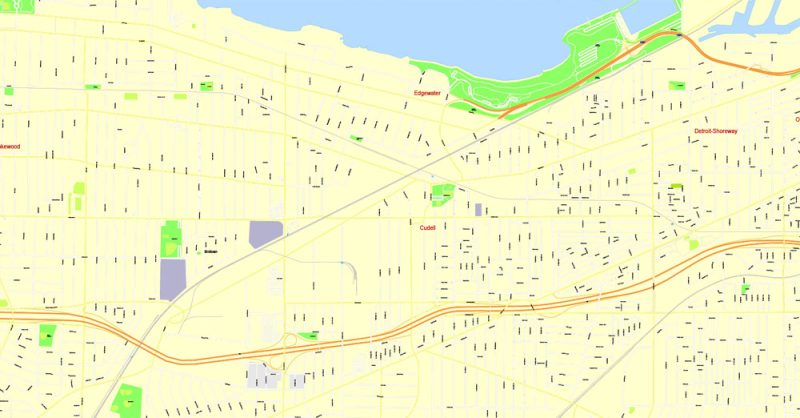 Printable Map Cleveland OH, exact vector street G-View Level 17 (100 meters scale) map, V.29.11. fully editable, Adobe Illustrator, full vector, scalable, editable text format of street names, 6 Mb ZIP.