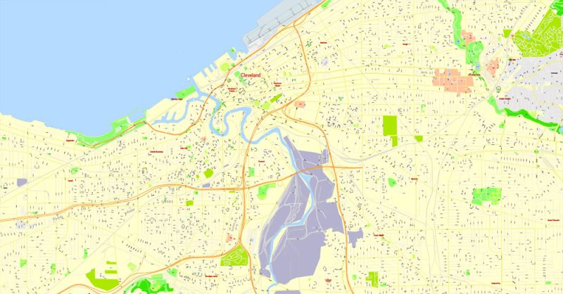 Cleveland Ohio US Printable Map, exact vector 100 meters scale editable Street Map Adobe Illustrator City Plan