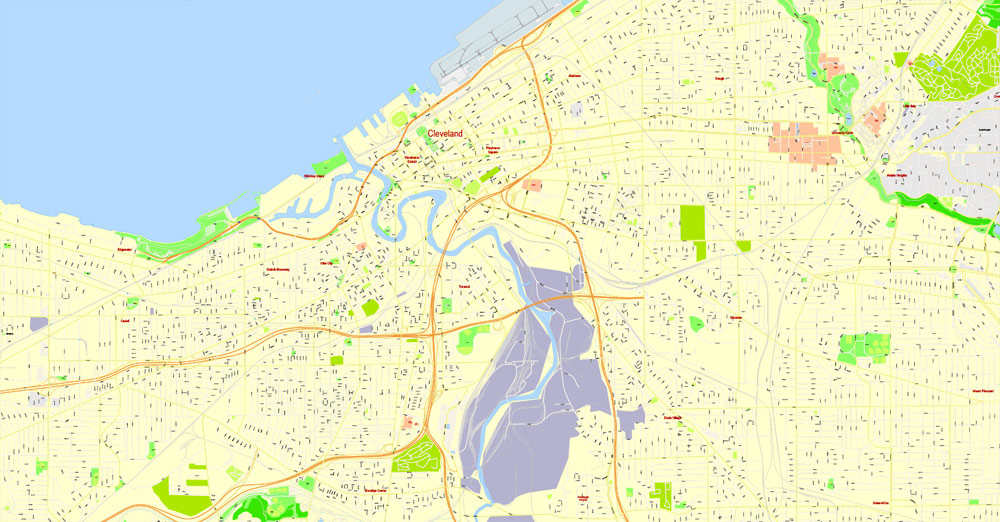 Cleveland Ohio US PDF Map, exact vector street G-View Level 17 (100 meters scale) map, V.29.11. fully editable, Adobe PDF, full vector