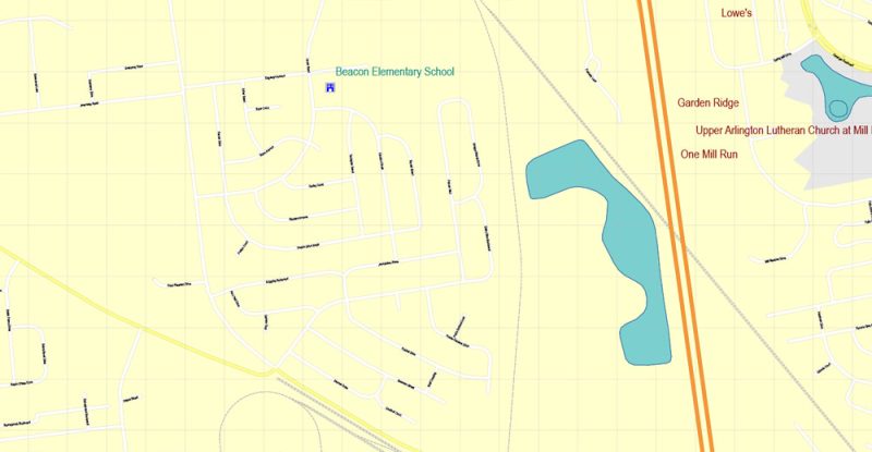 Printable Map Columbus OH, exact vector street G-View Level 17 (100 meters scale) map, V.23.11. fully editable, Adobe Illustrator, full vector, scalable, editable text format of street names, 13 Mb ZIP.