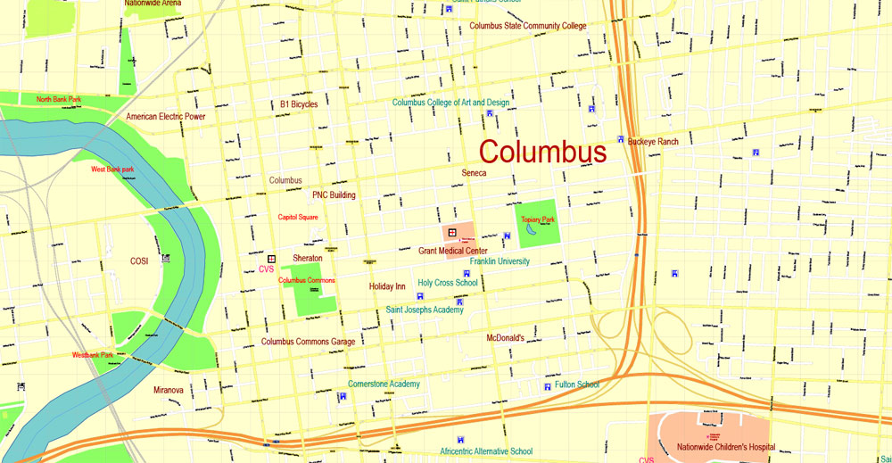 Printable Map Columbus OH, exact vector street G-View Level 17 (100 meters scale) map, V.23.11. fully editable, Adobe Illustrator, full vector, scalable, editable text format of street names, 13 Mb ZIP.