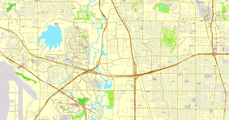 Printable Map Dallas + Fort Worth TX, US, exact vector street CityPlan map in 6 parts, V.29.11. fully editable, Adobe Illustrator, full vector, scalable, editable text format of street names, 45 Mb ZIP.