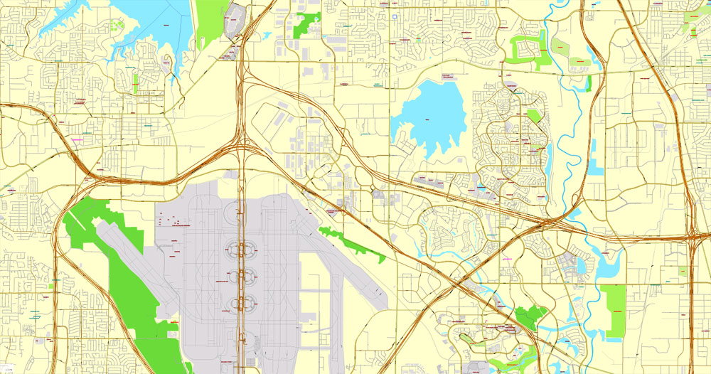Printable Map Dallas + Fort Worth TX, US, exact vector street CityPlan map in 6 parts, V.29.11. fully editable, Adobe Illustrator, full vector, scalable, editable text format of street names, 45 Mb ZIP.