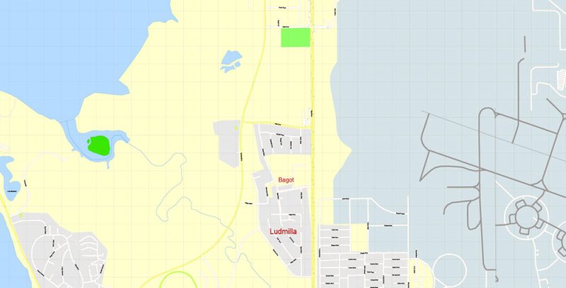 Printable Map Darwin, Australia, exact vector street map, V17.11, fully editable, Adobe Illustrator, G-View Level 17 (100 meters scale), full vector, scalable, editable, text format of street names, 2 Mb ZIP.