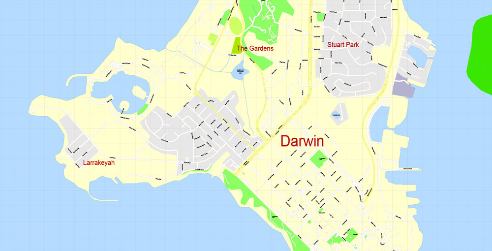 Darwin PDF Map, Australia, Printable exact vector street map, V17.11, fully editable, Adobe PDF, G-View Level 17 (100 meters scale), full vector