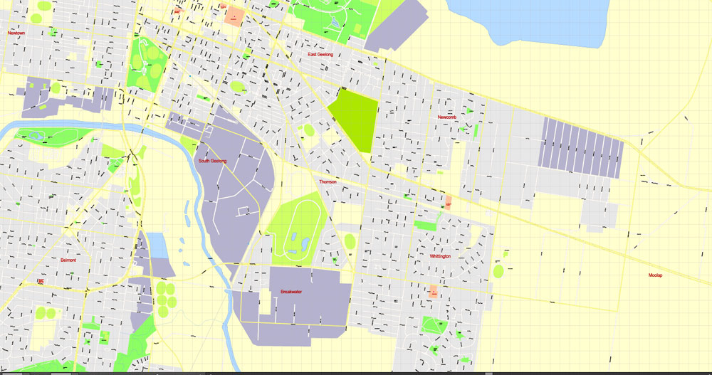 Printable Map Geelong, Australia, exact vector street map, V17.11, fully editable, Adobe Illustrator, G-View Level 17 (100 meters scale), full vector, scalable, editable, text format of street names, 3 Mb ZIP.