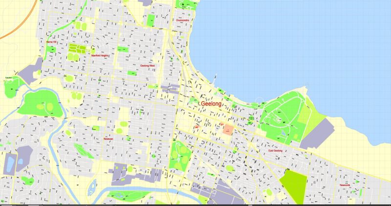 Geelong Printable Map, Australia, exact vector street map, V17.11, fully editable, Adobe Illustrator, G-View Level 17 (100 meters scale), full vector