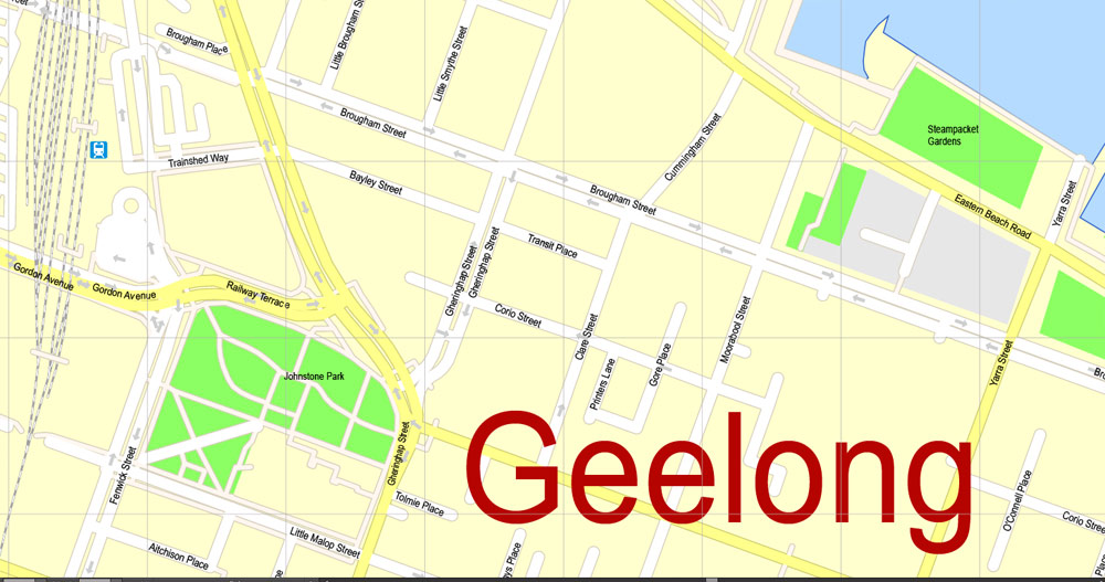 Printable Map Geelong, Australia, exact vector street map, V17.11, fully editable, Adobe Illustrator, G-View Level 17 (100 meters scale), full vector, scalable, editable, text format of street names, 3 Mb ZIP.