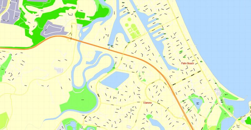 Printable Map Gold Coast, Australia, exact vector street map, V17.11, fully editable, Adobe Illustrator, G-View Level 17 (100 meters scale), full vector, scalable, editable, text format of street names, 6 Mb ZIP.