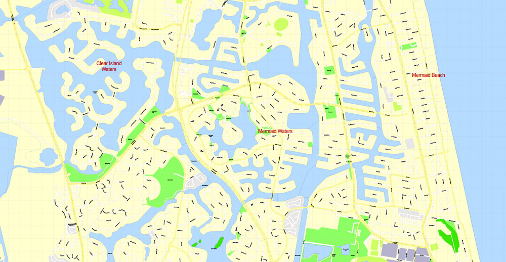 Printable Map Gold Coast, Australia, exact vector street map, V17.11, fully editable, Adobe Illustrator, G-View Level 17 (100 meters scale), full vector, scalable, editable, text format of street names, 6 Mb ZIP.