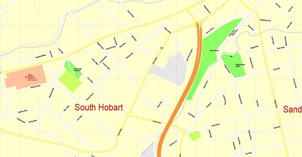 Printable Map Hobart, Tasmania, Australia, exact vector street map, V29.11, fully editable, Adobe Illustrator, G-View Level 17 (100 meters scale), full vector, scalable, editable, text format of street names, 4 Mb ZIP.