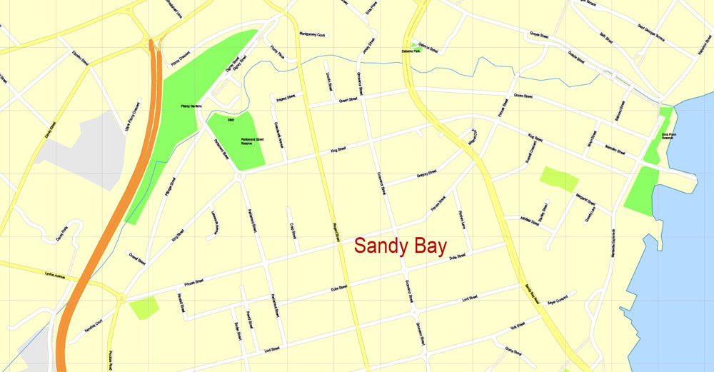 Printable Map Hobart, Tasmania, Australia, exact vector street map, V29.11, fully editable, Adobe Illustrator, G-View Level 17 (100 meters scale), full vector, scalable, editable, text format of street names, 4 Mb ZIP.
