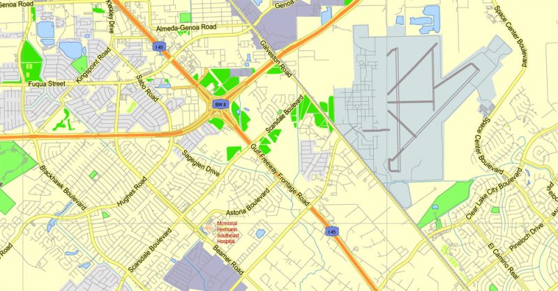 Printable Map Houston TX, exact vector street G-View Level 13 (2000 meters scale) map, fully editable, Adobe Illustrator, full vector, scalable, editable text format of street names, 19 Mb ZIP.