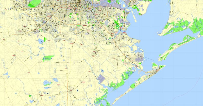 Houston Texas Printable Map, exact vector 2000 meters scale street  map, fully editable, Adobe Illustrator