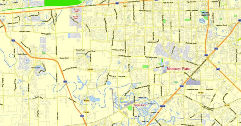 Printable Map Houston TX, exact vector street G-View Level 13 (2000 meters scale) map, fully editable, Adobe Illustrator, full vector, scalable, editable text format of street names, 19 Mb ZIP.