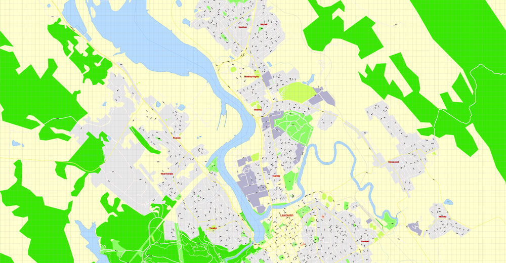 Printable Map Launceston, Australia, exact vector street map, V29.11, fully editable, Adobe Illustrator, G-View Level 17 (100 meters scale), full vector, scalable, editable, text format of street names, 2 Mb ZIP.