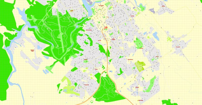 Launceston Printable Map, Australia, Tasmania, exact vector street map, V29.11, fully editable, Adobe Illustrator, G-View Level 17 (100 meters scale), full vector