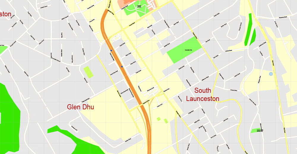 Printable Map Launceston, Australia, exact vector street map, V29.11, fully editable, Adobe Illustrator, G-View Level 17 (100 meters scale), full vector, scalable, editable, text format of street names, 2 Mb ZIP.