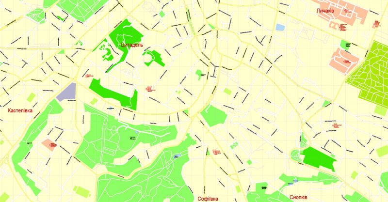 Printable Map Lviv, Ukraina, exact vector street map, V17.11, fully editable, Adobe Illustrator, G-View Level 17 (100 meters scale), full vector, scalable, editable, text format of street names, 14 Mb ZIP.
